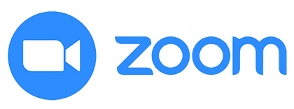 Zoom logo. Image of a white camera inside a blue circle and the word "Zoom" in blue letters.