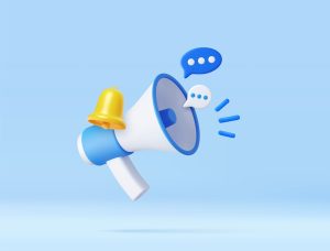 3D Cartoon Megaphone with Bell notification and speech bubble. Marketing time concept. Online news with loudspeaker. Social media promotion. 