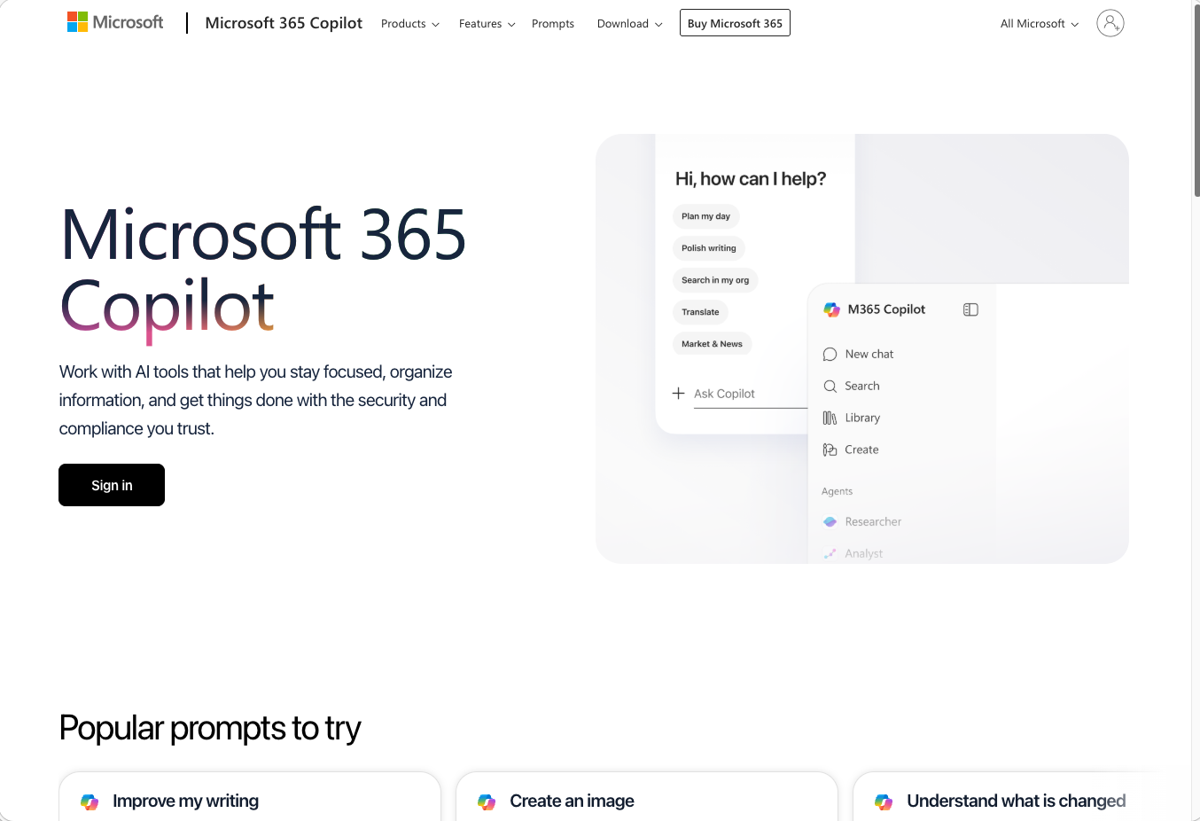 Copilot 365 home page shown before signing in