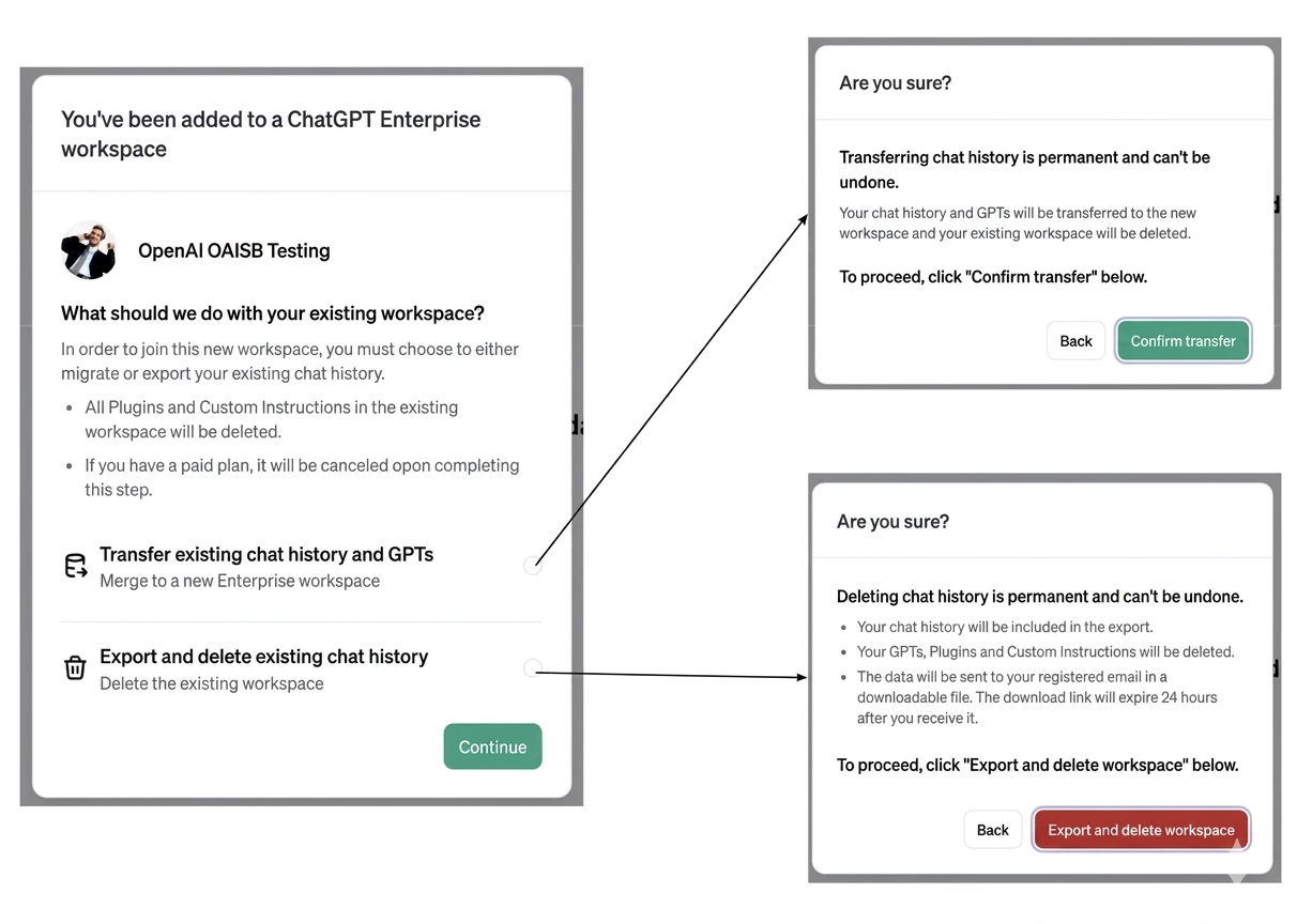 ChatGPT workspace setup screen showing options to transfer existing chat history and GPTs or export and delete existing chat history