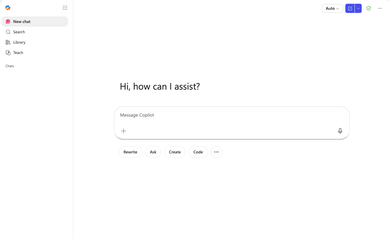 Signed-in Copilot 365 Chat interface with prompt suggestions and message box