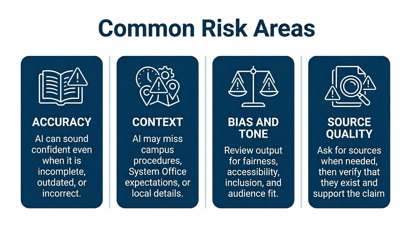 Common ChatGPT risk areas: accuracy, context, bias and tone, and source quality